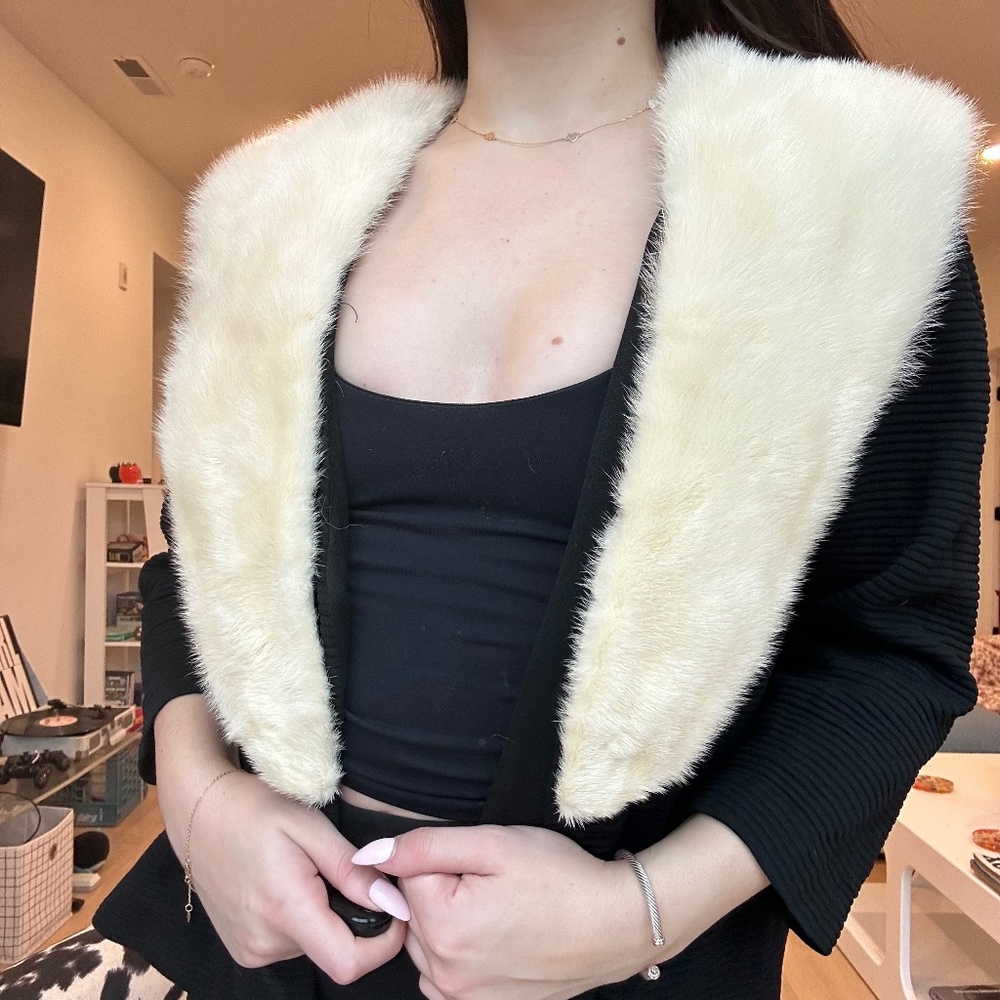 70s VINTAGE Black Cardigan Topper w/ Cream Mink Fur Collar